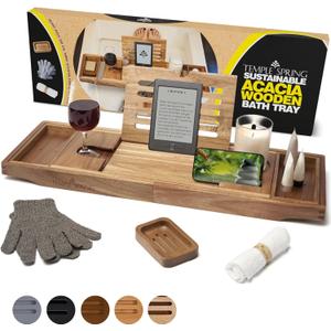 Temple Spring Acacia Wood Bathtub Tray Caddy for Tub Expandable Bath Tray with Solid Book Stand Wine Holder and Non-Slip Pads Includes Soap Dish and Spa Accessories Luxury Hardwood Bath Gift Set