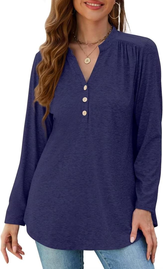 MONNURO Women's Plus Size Tops Henley V Neck Long Sleeve Button Down Shirts Blouses (Blue)