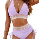 Blooming Jelly Women High Waisted Bikini Sets Tummy Control Swimsuits Color Block Two Piece Drawstring Bathing Suit (Medium, Light Purple)