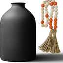 Large Black Vases Home Decor Flower Vase For Centerpieces Living Room 8.6in Tall Black Matte Iron Vase For Coffee & Dining Table Decor Pampas Grass Rustic Modern Wabi Sabi Decor with Wood Bead Garland