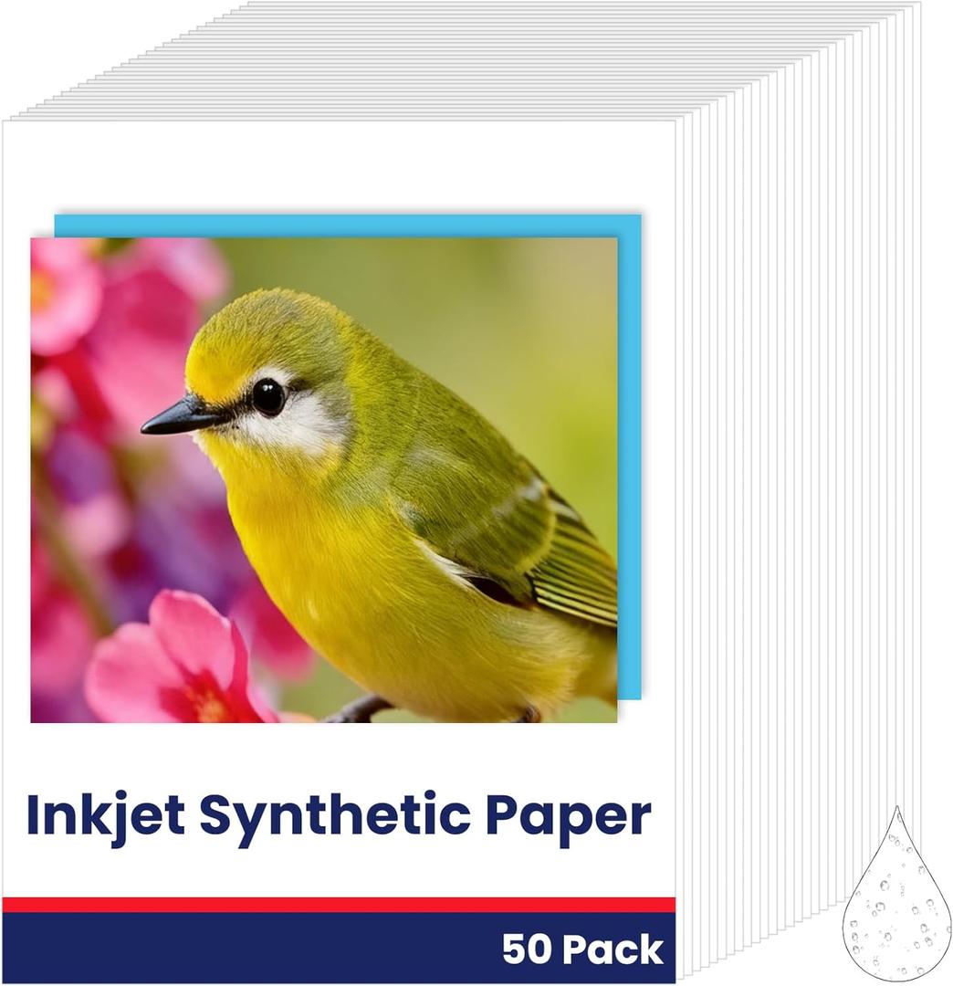 50 Sheets Waterproof White Inkjet Paper Synthetic Tearproof Printer Paper Matte Double Sided Printable White Film for Inkjet Printers 8.5 x 11 Full Labels