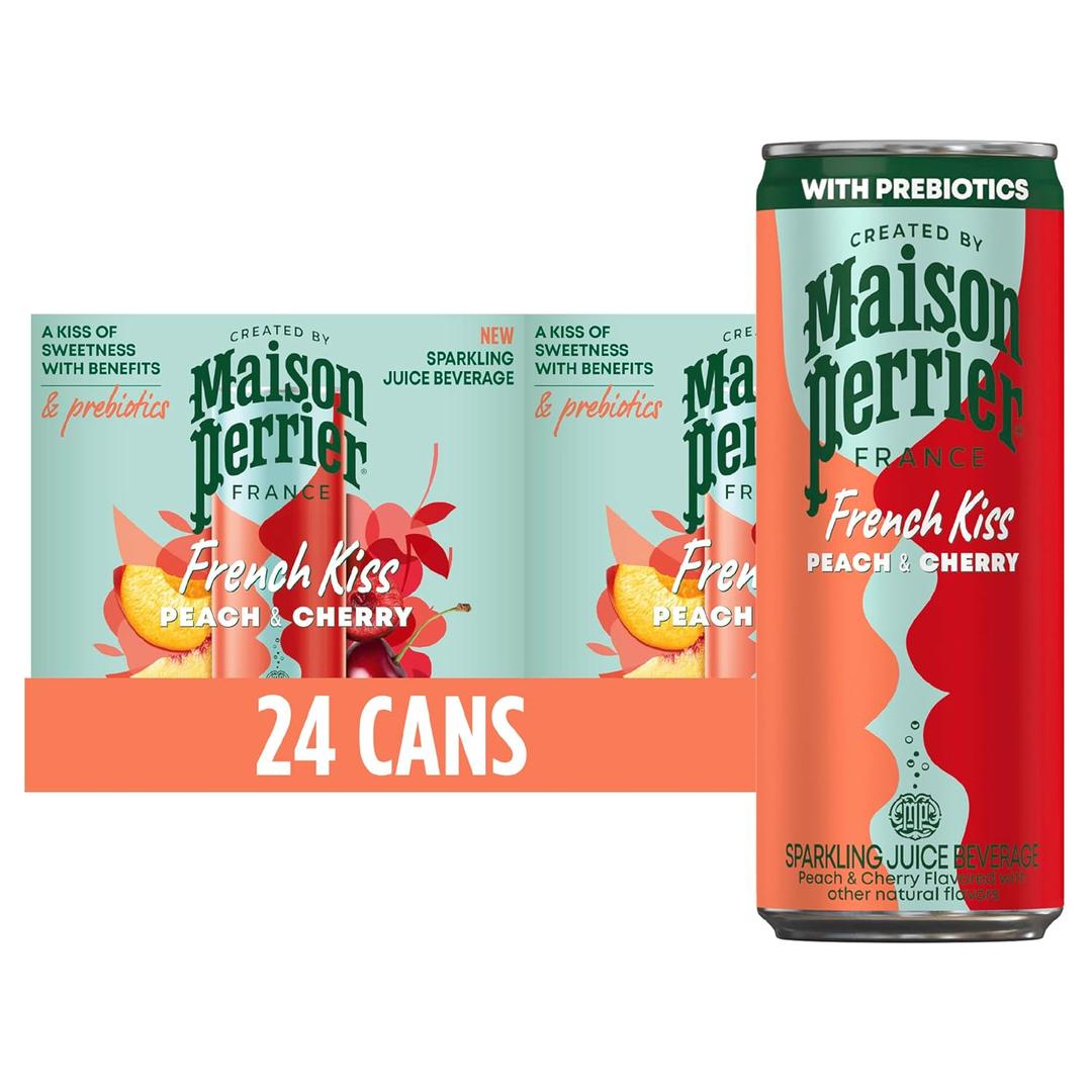 Maison Perrier French Kiss Sweetened Sparkling Juice Beverage, Peach & Cherry Flavors With Real Fruit Juices, 24Pk (EXP 04/27/27)