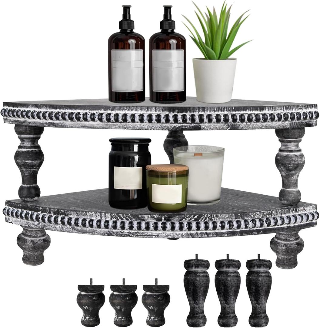 MAONAME Vintage Black Corner Pedestal Stand, Rustic Decorative Riser for Display, Farmhouse Wood Corner Counter Shelf with Beaded, Set of 2