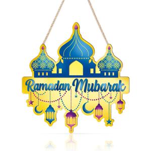 LHIEUM 11in Vintage Ramadan Mubarak Decoration Eid Mubarak Lights Hanging Sign Moon Stars Islamic Ramadan Wreath Front Door Ramadan Castle Crafts Muslim Symbol Wood Decor for Living Room Prayer Room