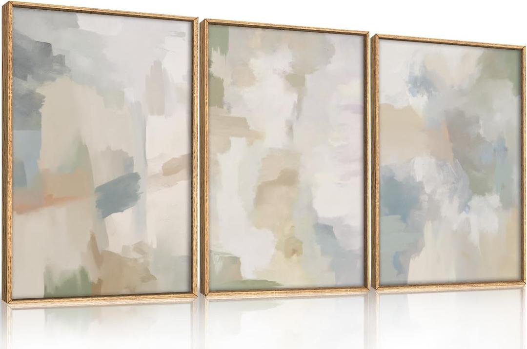 Abstract Gray Pastel Framed Canvas Wall Art Set,Neutral Watercolor Brush Stroke Wall Decor,Modern Minimalist Beige Illustration Artwork for Living Room,Bedroom,Dining Room -12"x16"x3
