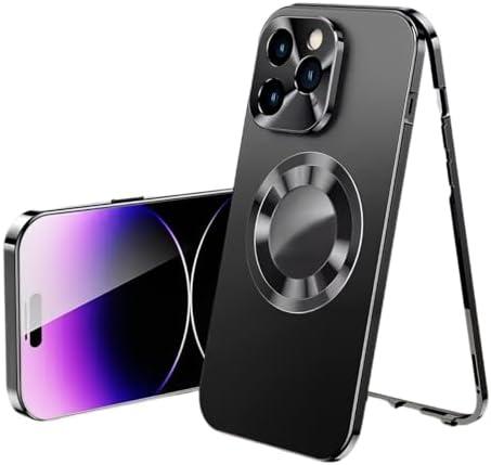 Doulings Magnetic Metal Edge Full Body Military Drop Protection for iPhone 15 Pro Max Case,Compatible with MagSafe,Rugged Built-in Privacy Screen Protector Logo View Shockproof Cover,Black