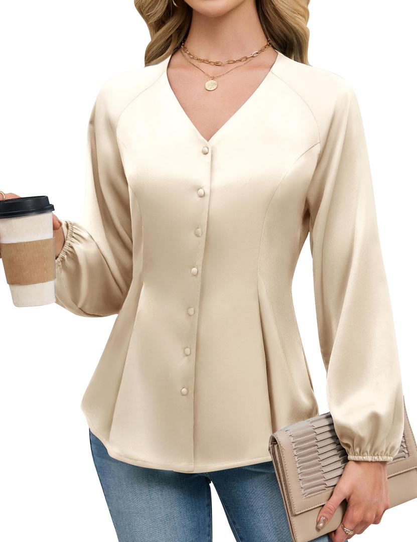 Blooming Jelly Womens Satin Silk Dressy Casual Business Blouse Button Down Long Sleeve Peplum Top Work Shirt Fall Outfit (Black,S) (Black, S)