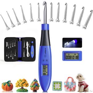 Zcvtbye 12 Size Counting Crochet Hook for Beginners, Lighted Led Digital Row Stitch Counter with Ergonomic Soft Handle, Interchangeable Metal Hook Heads, USB Rechargeable for Dark Yarn (Blue)
