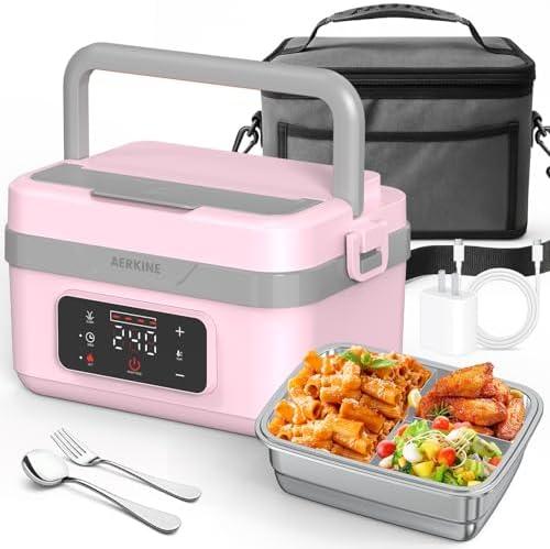 AERKINE Electric Lunch Box For Adults - Rechargeable 75W Self-Heating Food Warmer with 6.3 Cups(1.5L) Stainless Steel Container, Heated Lunch Box For Office, Picnic, Car & Outdoor Use(Pink)
