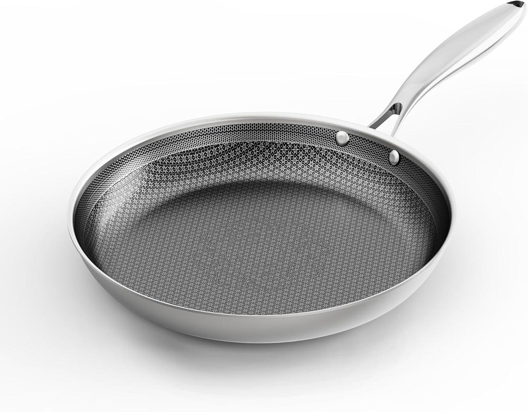 COOKER KING 12-Inch Stainless Steel Pan, Hybrid Nonstick Frying Pan, Skillet, 3-Ply Clad Cookware, Even Heat Distribution, Dishwasher & Oven Safe, with Stay-Cool Handle, Induction Compatible