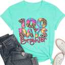 100 Day Brighter Shirt Women Teacher School T-Shirt 100 Days School Teacher Tee Tops (Blue, L)