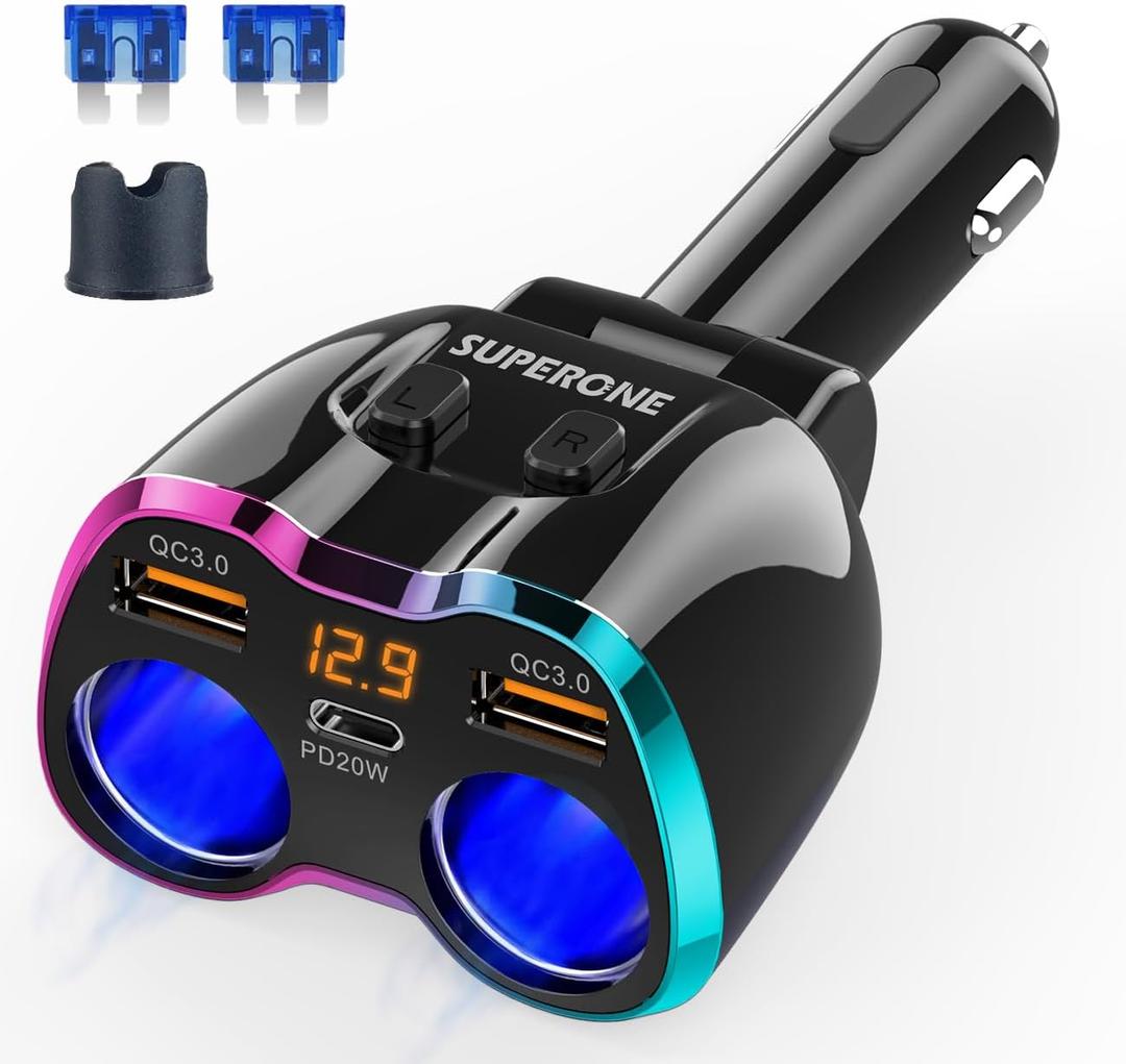 2025 Upgraded Cigarette Lighter Splitter, SUPERONE 180W 2-Socket Cigarette Lighter Adapter with Dual QC3.0 and 20W PD USB C Car Charger Splitter for GPS/Dash Cam/Laptop/iPad/iPhone 17/16/15/14/13/12 (Pinkish Blue)