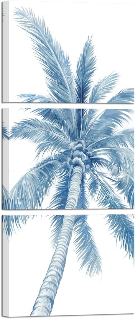 sechars 3 Piece Palm Tree Canvas Wall Art Modern Navy Blue Bathroom Decor Tropical Botanical Painting Picture Print Coastal Theme Living Room Blue Decorations
