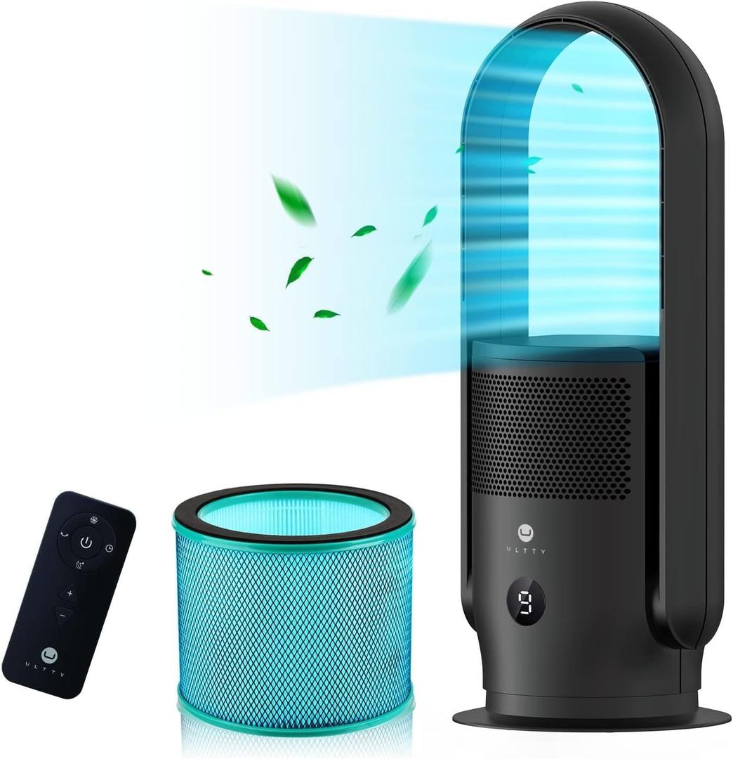 ULTTY Bladeless Tower Fan and Air Purifier in one, 90 Oscillating Bladeless Fan with Remote, Touch, 8H Timer, Floor Fans for Bedroom Whole Room Home Office R021, Black