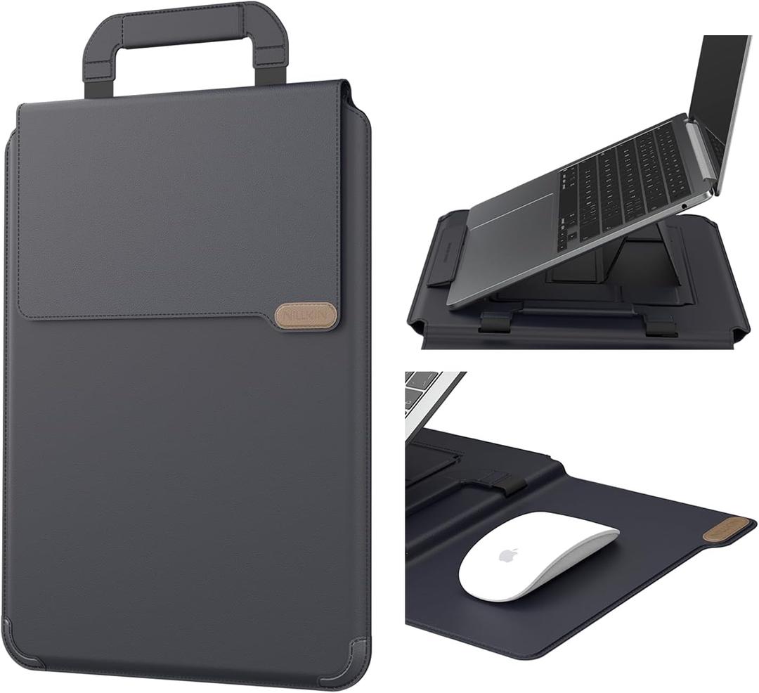 Nillkin Upgraded 12-14 Inch Laptop Sleeve Case for MacBook/Dell/HP/Lenovo/Asus, Unique Slim Travel Computer Bag with Adjustable Stand & Mouse Pad, Magnetic Handle, PU Leather, Black