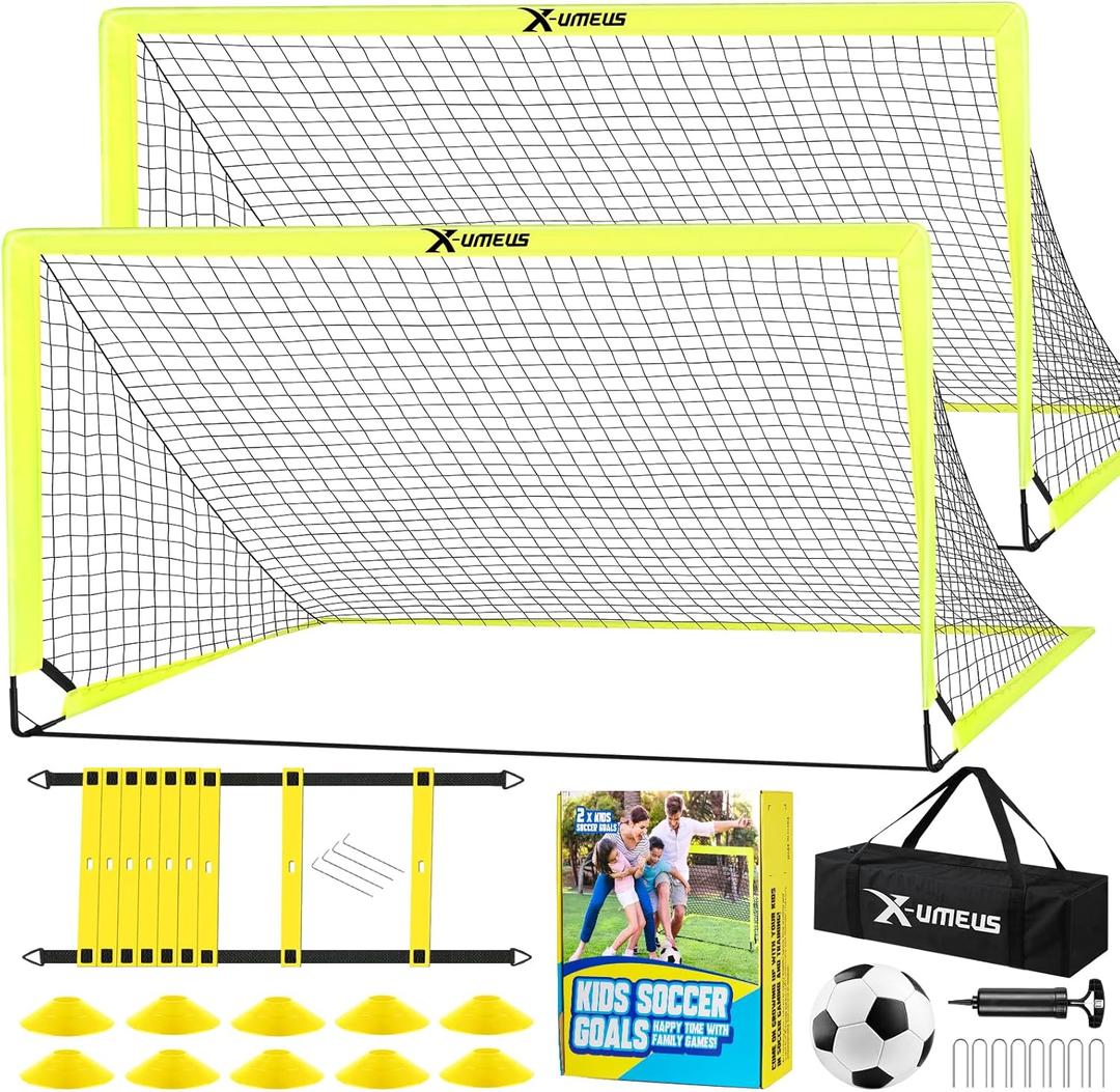 Kids Soccer Goals for Backyard Set of 2, 6x4 ft Portable Pop Up Soccer Goal Training Equipment with Soccer Ball, Ladder and Cones, Soccer Nets for Backyard for Kids Youth Toddler Outdoor Sports Games