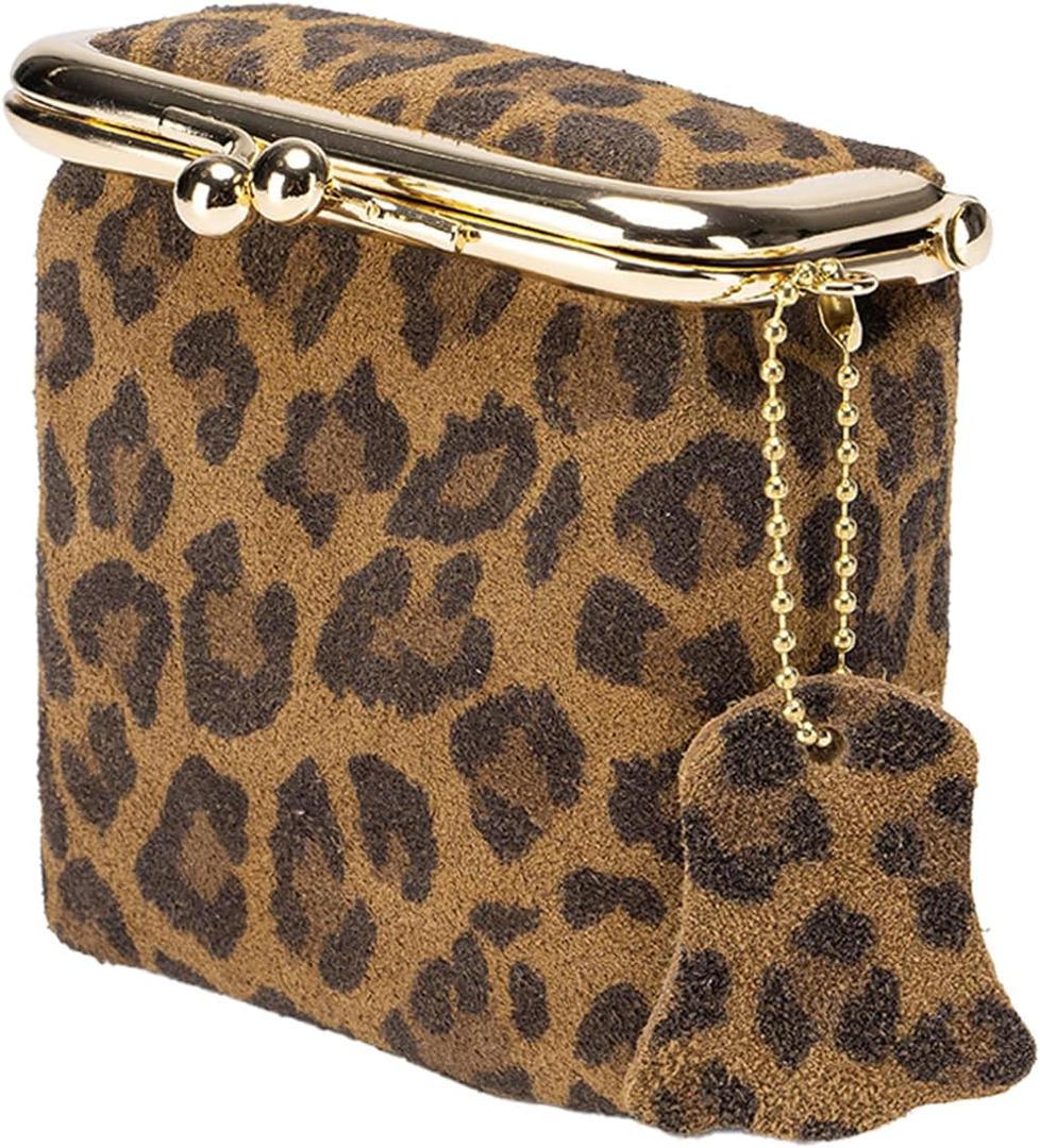 Leopard Print Small Coin Purse for Women Cute Minimalist Credit Card Holder With Zipper Leather Compact Wallet for Cash Key Lipstick Jewelry (Coffee)