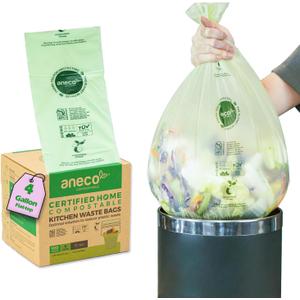 Aneco Compostable Trash Bags 4 Gallon (Flat-Top, 100 Count), Extra Strong for Medium Kitchen Garbage, OK Compost HOME & BPI Certified Compostable