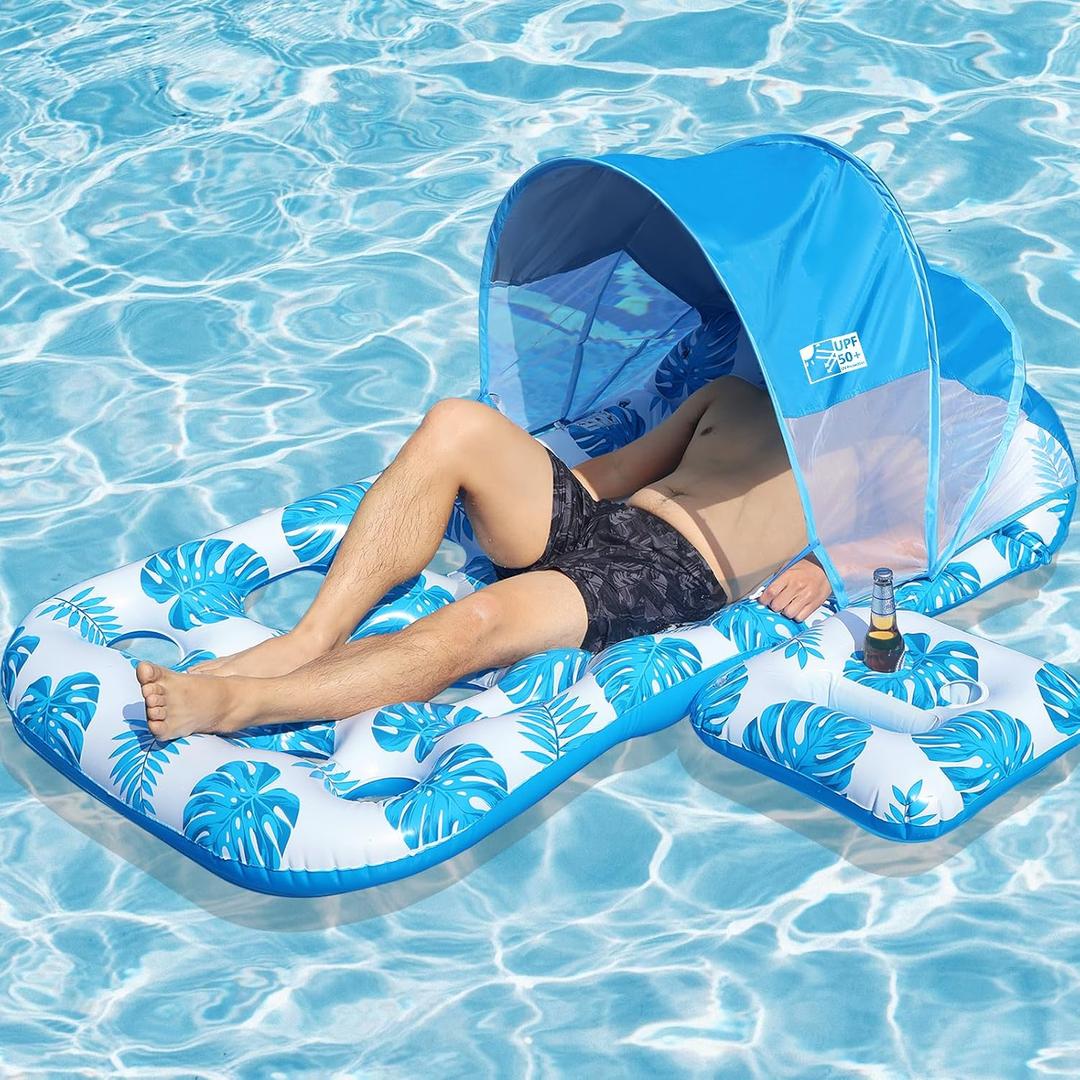Inflatable Pool Float with UPF 50+ Sunshade Canopy,Extra Large Pool Lounger Float for Adult with Headrest,Cup Holder