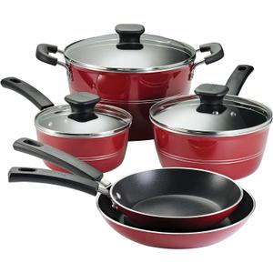 Tramontina Sicilia 8-Piece Non Stick Cookware Set with Glass Lids, Aluminum Nonstick Pots and Pans Kitchen Set (Raspberry)