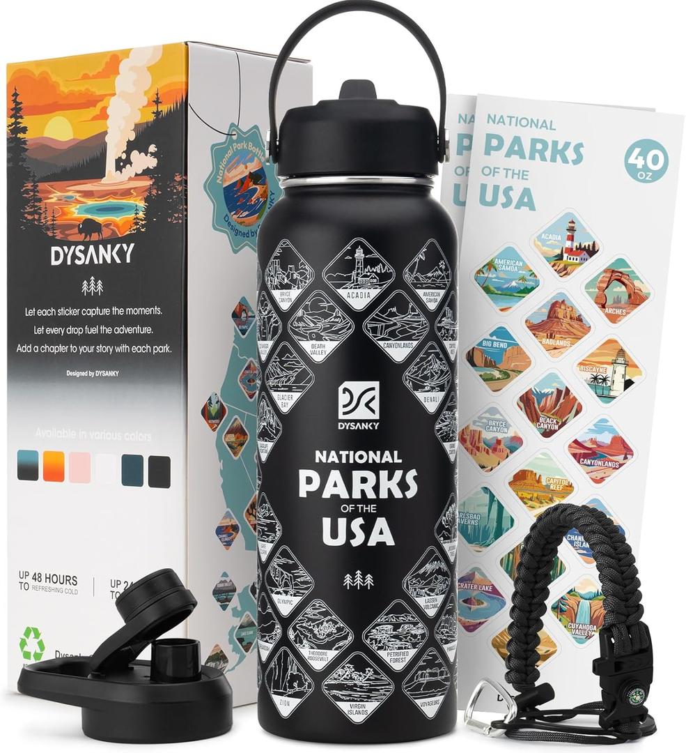 National Parks Water Bottle  40 oz Insulated Stainless Steel Water Jug with 63 Hand-Drawn Park Stickers, Outdoor Accessories & Gift Box  BPA-Free  Ideal for Hiking, Camping & Travel (Advanced Black)