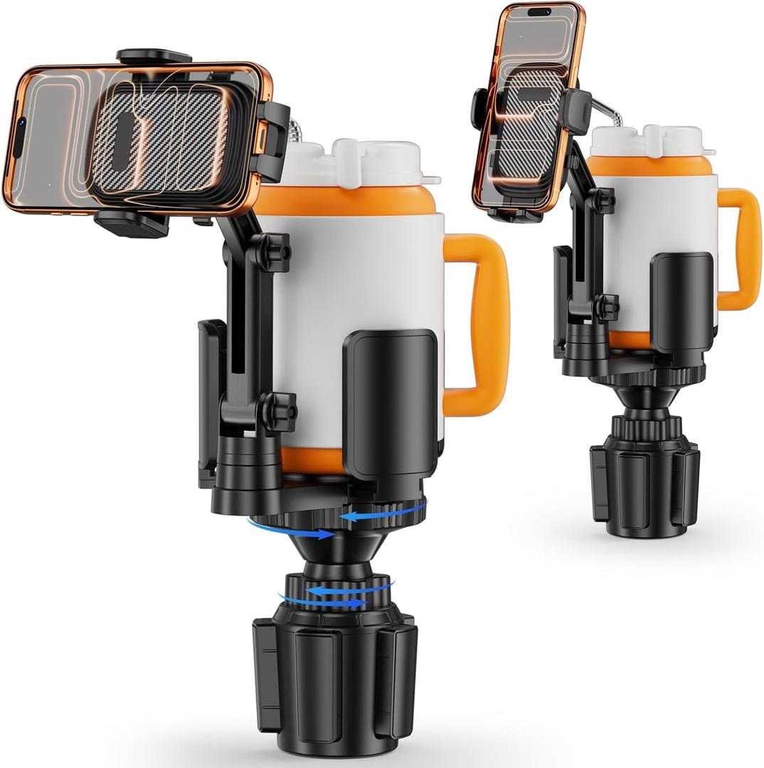 Phone Holders for Your Car, 2 in 1 Cup Holder Phone Mount with Expander, Secure Hold, Adjustable Base and Long Arm with 360Rotation Car Phone Holder for 4-7 devices and Up to 5.31'' Most Bottles