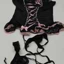Lingerie Sets for Women Sexy Rave Outfits Lace Up Corset Bodysuit with Garter 2 Piece (XX-Large, Black)