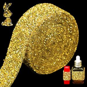Locacrystal Bling Rhinestones Ribbon Self-Adhesive Iron on Resin Diamond Crystal Ribbon Wrap Roll DIY Rhinestone Stickers for Wedding Clothing Cars Crafts Dress DecorationGold,1.18inch x 3yard