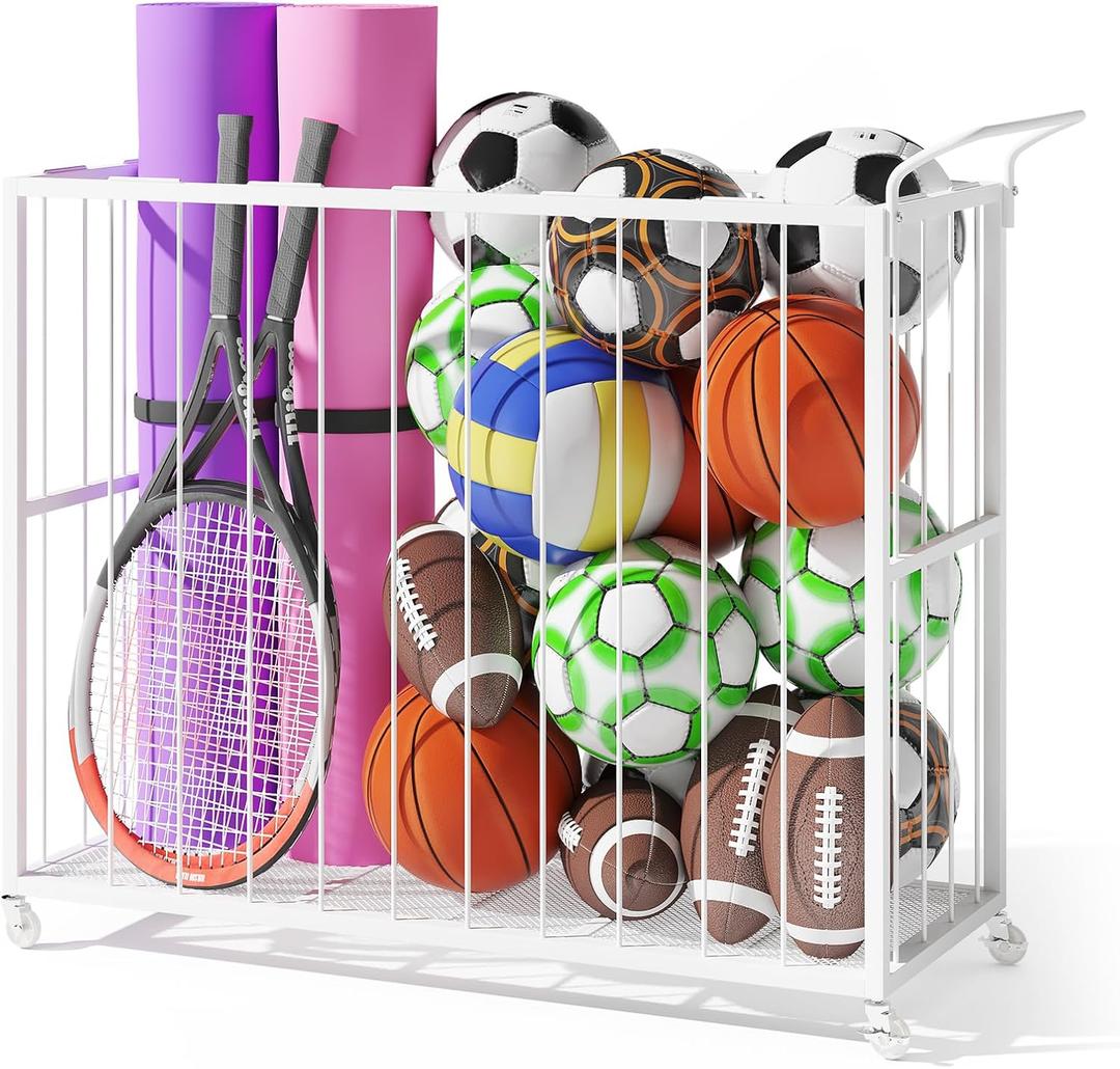 Ball Storage Bin Rolling Sports Ball Cart, Metal Garage Organizer Sport Rack, Ball Basket Storage, Ball Cage for Garage or Gym, Indoor & Outdoor Sports Equipment Organizer (white)