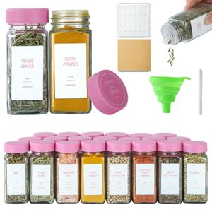 TESUNMU Pink Spice Jars with Label，4oz Seasoning Containers, Glass Spice Bottles with Shaker Lids,Funnel, Chalk Pen (Pink, 24)