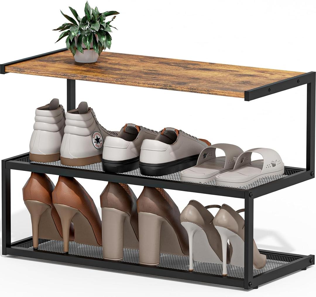 Shoe Rack, Unique 5-Shaped Free Standing Shoe Shelf, 3-Tier Wooden Shoe Organizer with Wooden Top and Steel Frame for Front Door Entrance, Entryway, Hallway, 24.41" D x 11.02" W x 16.14" H