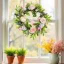Spring Door Wreath for Front Door with Hook 20-22, Artificial Spring Door Wreath with White & Pink Peony Lavender Rabbit Wood Sign, Summer Wreaths for Windows Wall Romantic Home Dco