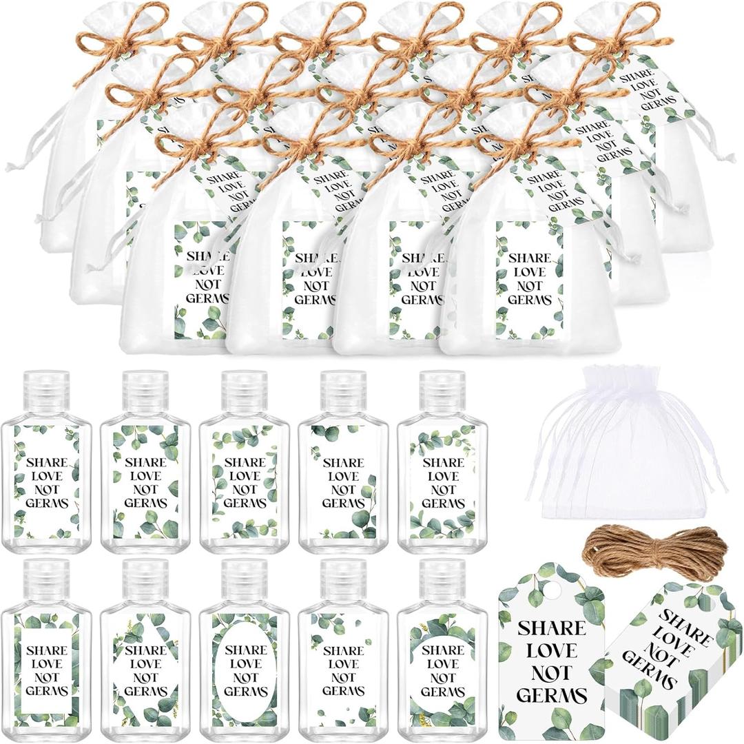 50 Sets Empty Mini Hand Sanitizer Bottles Bulk 2oz Empty Hand Sanitizer Travel Size Wedding Favors for Guests with Organza Bags Thank You Tags for Woman Employees(Eucalyptus, Black)