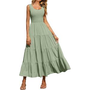 PRETTYGARDEN Women's 2025 Casual Loose Plain Maxi Sundress Smocked Tank Dress Sleeveless Summer Beach Tiered Long Dresses (Green, XL)