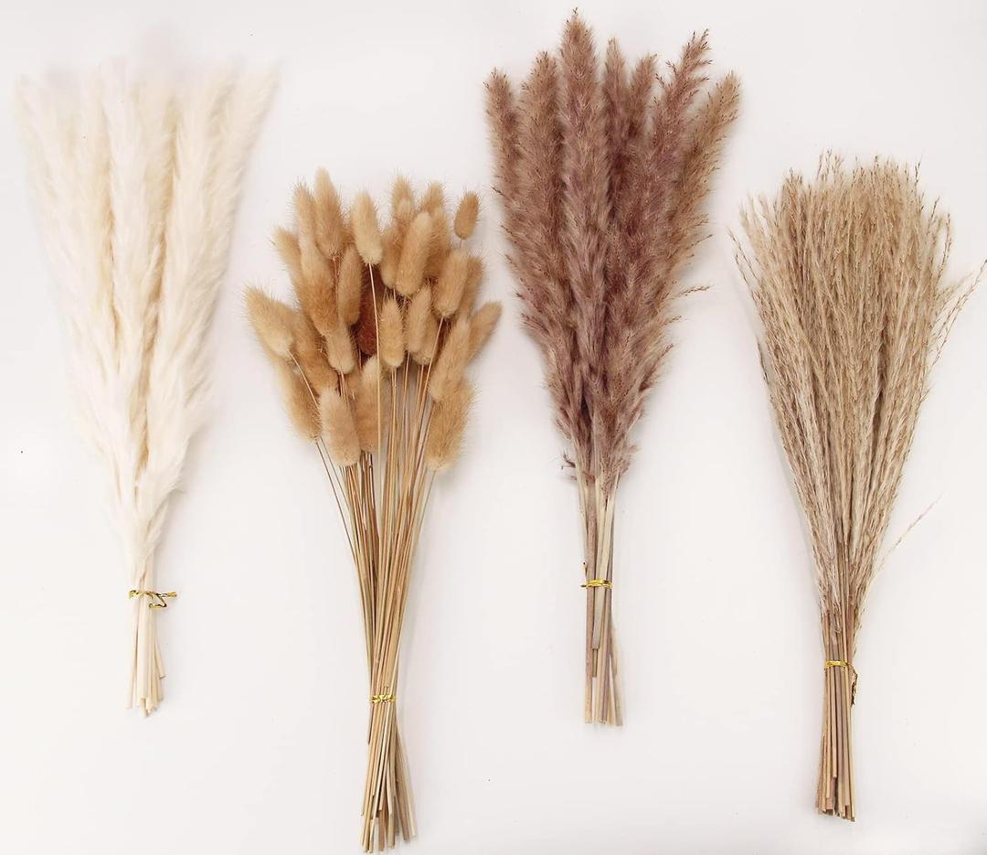 Dried Pampas Grass Decor, Pampas Grass Contains Bunny Tails Dried Flowers, Reed Grass Bouquet for Wedding Boho Flowers Home Table Decor, Rustic Farmhouse Party (17", White and Brown)