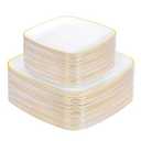 bUCLA 46PCS White Plates with Gold Trim - Heavy Duty White Gold Square Disposable - Include 20 Dinner Plates, 26 Dessert Plates, (10 inch Dinner & 7.25 inch Dessert) Plates for Party & Wedding