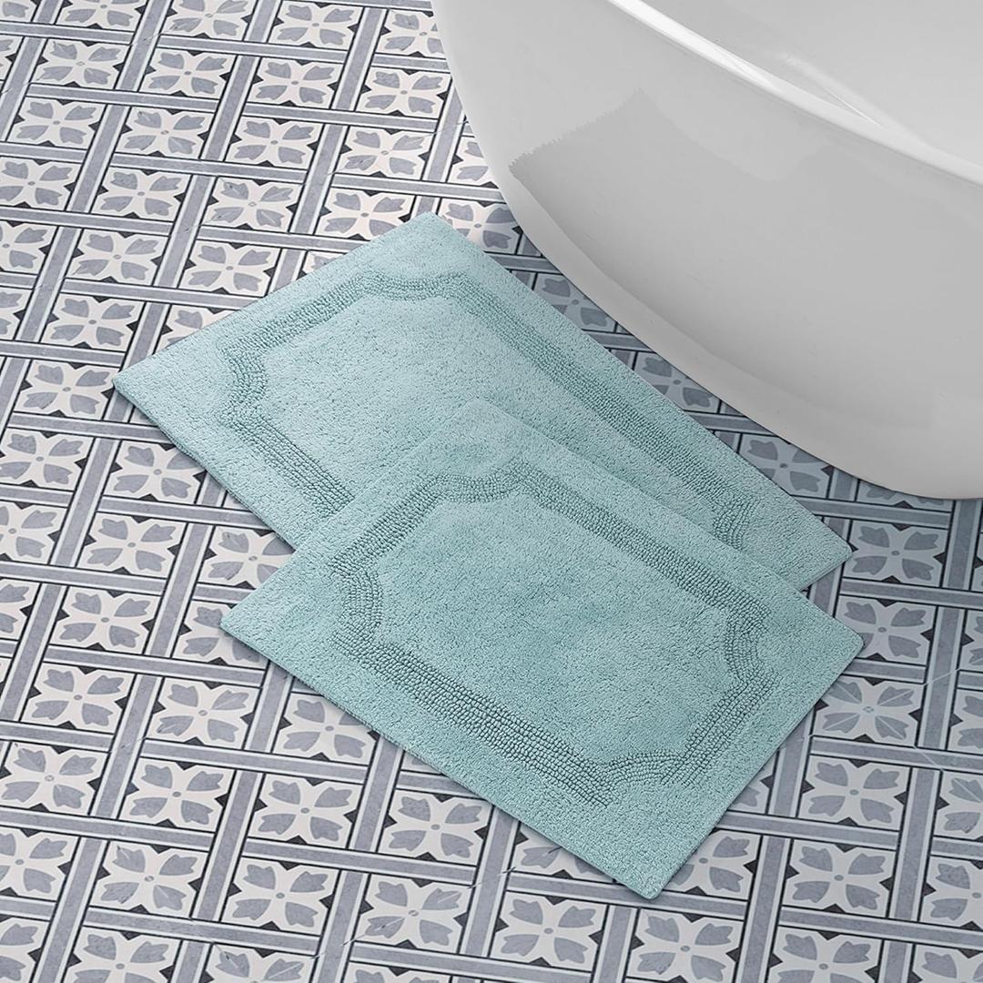 Laura Ashley - Reversible Cotton Bath Mat, Premium Bathroom Dcor, Machine Washable Bathroom Rug, Highly Absorbent, 17"x24"/20"x32" 2-Piece Set, Aqua Laura Ashley - Reversible Cotton Bath Mat, Premium Bathroom Dcor, Machine Washable Bathroom Rug, Highly Absorbent, 17"x24"/20"x32" 2-Piece Set, Aqua