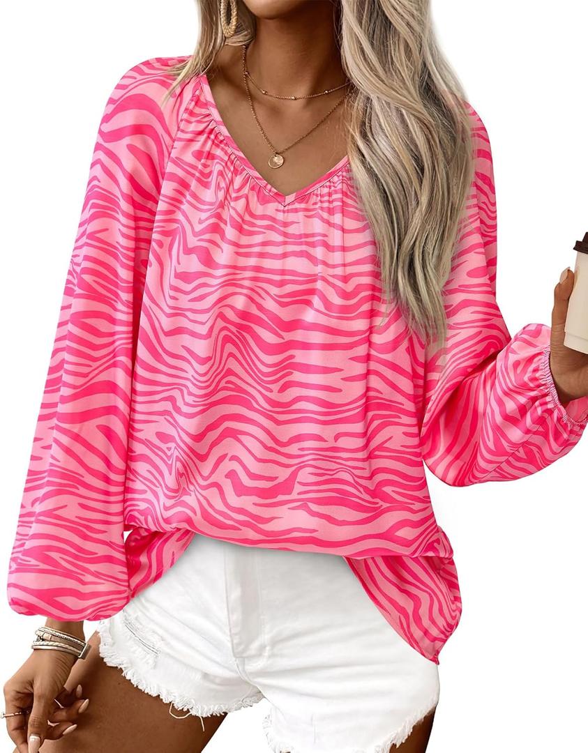 Zenlonr Womens Summer Tops Dressy Casual 2026 V Neck Satin Silk Printed Shirts Boho Long Sleeve Work Blouses(Print Pink,Large)