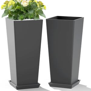Set of 2 Tall Planters, 24" Large Indoor Outdoor Flower Pots with Tray, Modern Tapered Planters for Porch, Patio, Garden, Backyard (Cement Gray)