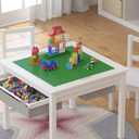 UTEX Wooden 2 in 1 Kids Construction Activity Table and 2 Chairs Set with Storage Drawers, and Built in Plate Compatible with Lego and Duplo Bricks (White with Grey Drawers)