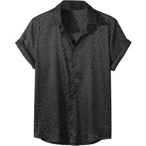 Men's Satin Leopard Print Short Sleeve Button Down Lapel Collar Silk Shirts Top