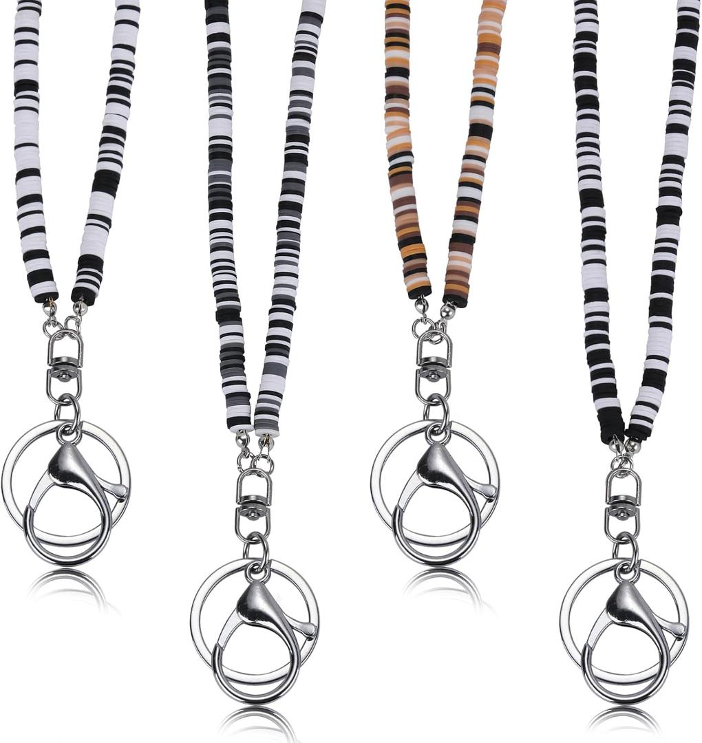 4 Set Clay Beads Heisi Cute Lanyard Black White Beaded Lanyards for ID Badges Kit Boho Teacher Lanyards for ID Badges and Keys Breakaway Gift for Women Nurse Teacher