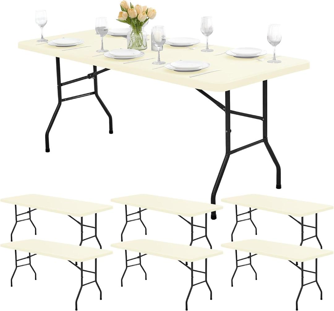 Fitted Tablecloths for 8ft Rectangle Tables - 6 Pack Outdoor Picnic Table Covers with Elastic, Washable Folding Table Protector for Party Banquet Graduation, 30x96 Inch, Beige