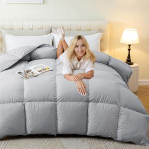 Luxury King Size Feather Down Comforter, High Fill Power Fluffy Duvet Insert, 100% Cotton Cover Skin-Friendly, Medium Weight for All Season Bedding with Corner Tabs, (106 x 90 Grey) (King (U.S. Standard))