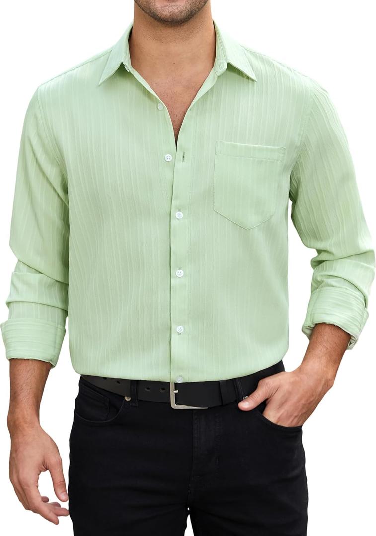 HISDERN 337 Mens Casual Shirts Long Sleeve Button Down Shirts Wrinkle Free Solid Collared Textured Shirt with Pocket (XXL)