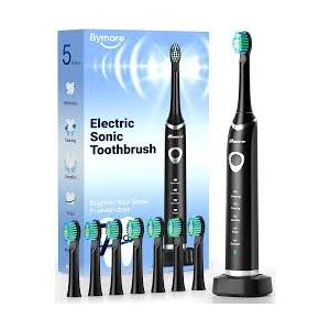 Bymore Electric Toothbrush for Adults, Sonic Rechargeable Toothbrush with 8 Brush Heads, 330-Day Battery, 5 Cleaning Modes & 2-Min Timer, Travel-Friendly Ultra Clean Design – Black