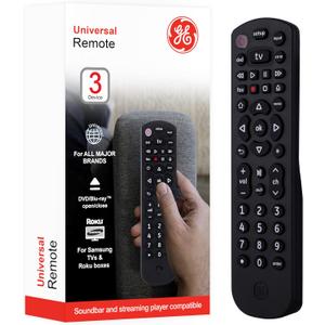 GE Universal Remote Control for Samsung, Vizio, Lg, Sony, Sharp, Roku, Apple TV, TCL, Panasonic, Smart TVs, Streaming Players, Blu-Ray, DVD, 3-Device, Black, 34927