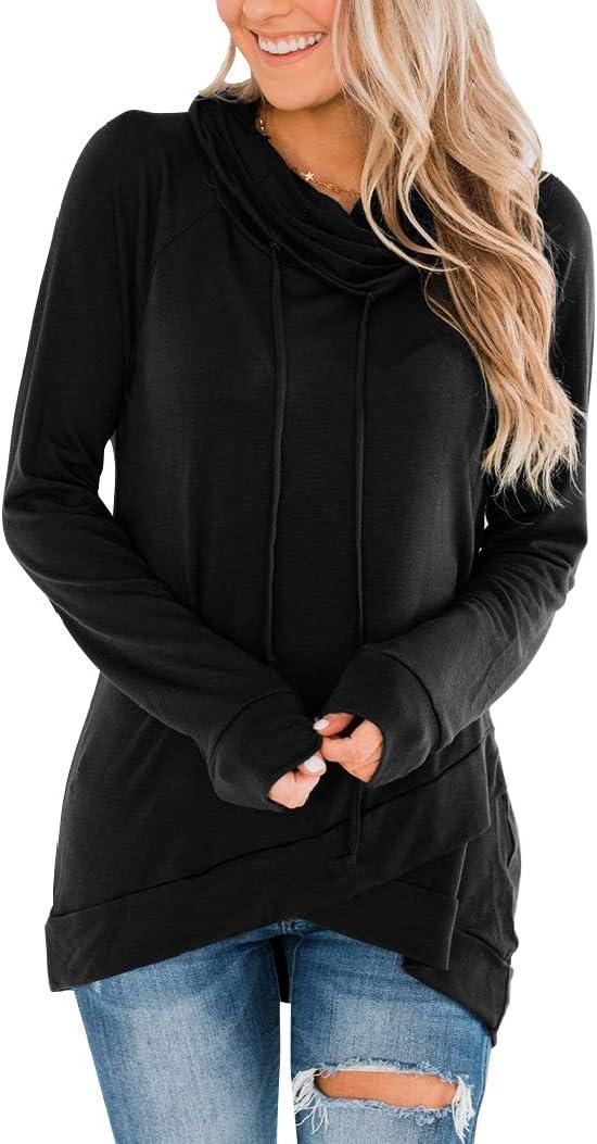 Fallorchid Womens Cowl Neck Tunic Tops Long Sleeve Pullovers Casual Drawstring Sweatshirts (Large, Black)