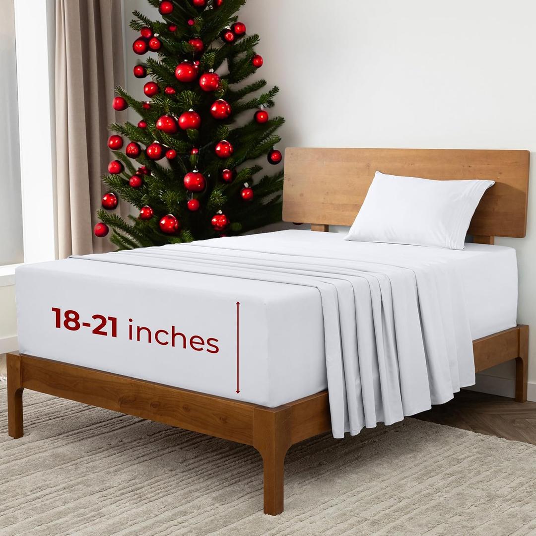 Mellanni Extra Deep Twin Sheets - 3 PC Iconic Collection Bedding - Hotel Luxury, Ultra Soft, Cooling Bed Sheets - Wrinkle, Fade, Stain Resistant (Twin, White)