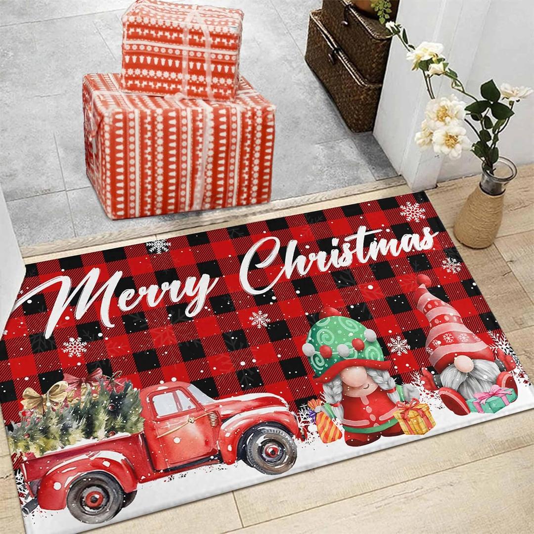 Merry Christmas Red Truck Gnomes Snowflake Buffalo Plaid Doormat 30"x17", Seasonal Winter Xmas Holiday Low-Profile Non-Slip Floor Mat Switch Mat for Indoor Outdoor